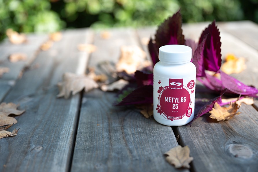 Healthwell Metyl B6 25 seisoo ulkona puisella alustalla, ympäröitynä kauniilla violeteilla lehdillä ja syksyn lehdillä. Aurinko paistaa alustalle.  Healthwell Metyl B6 25 seisoo ulkona puisella alustalla, ympäröitynä kauniilla violeteilla lehdillä ja syksyn lehdillä. Aurinko paistaa alustalle.